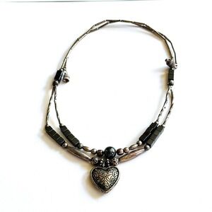 VTG Heart Western Collar Necklace Liquid Silver Hematite Beads Multi 70s 18.5"L
